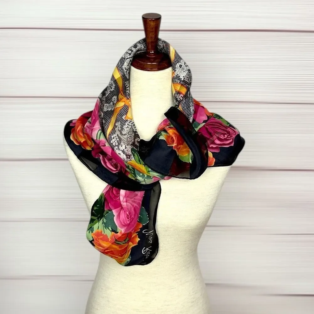 Vintage Nina Ricci Silk Scarf Black with Roses Floral and Lace Print 34x34